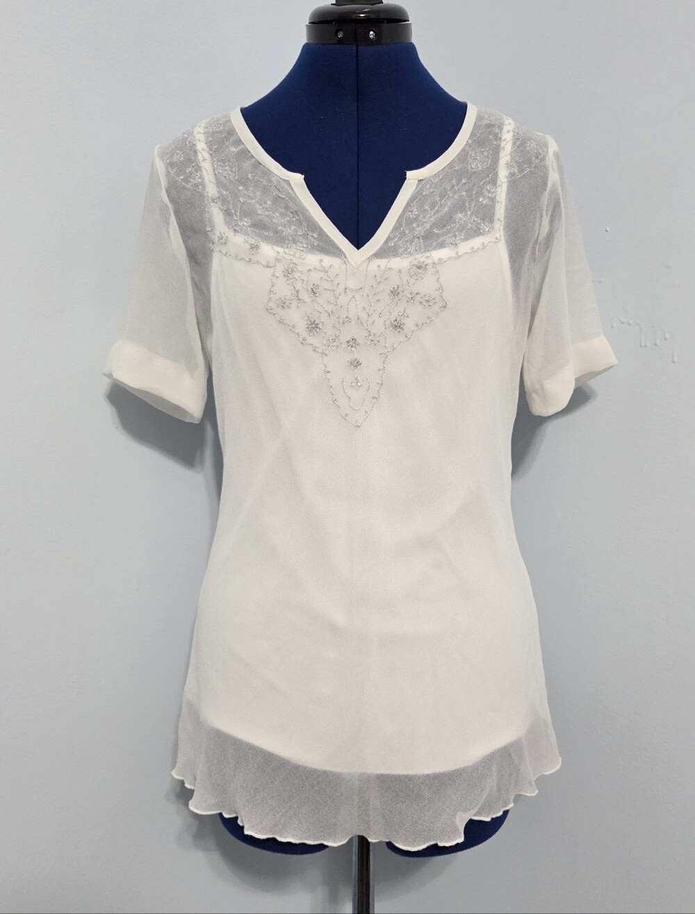 Y2K White Sheer Embroidered Shirt Size L